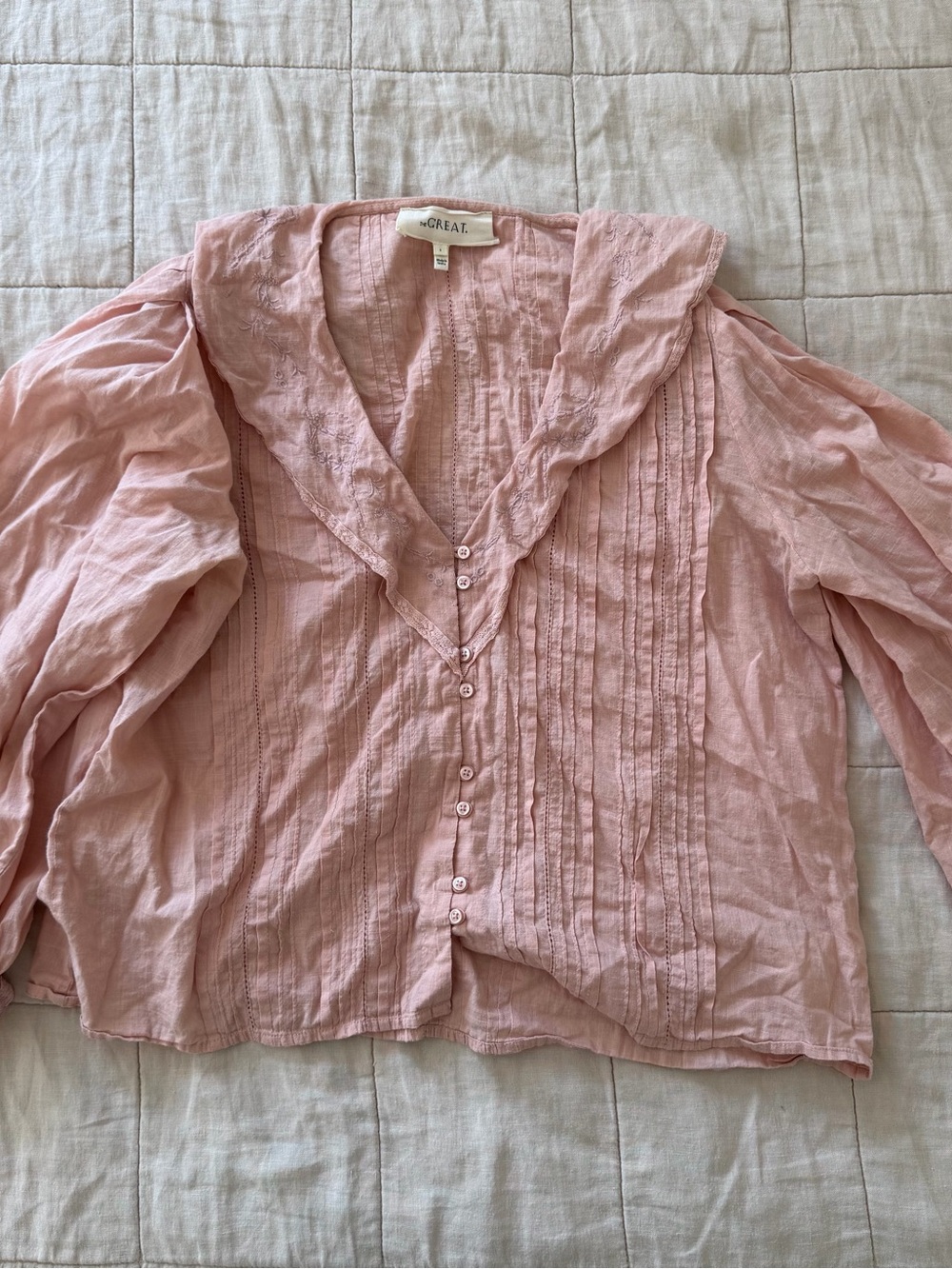 THE GREAT. Pink Ruffled Collar Button-Front Blouse Hankie top